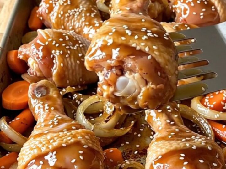 A sheet pan filled with golden brown chicken drumsticks, roasted carrots, and onions, drizzled with a rich amber glaze.