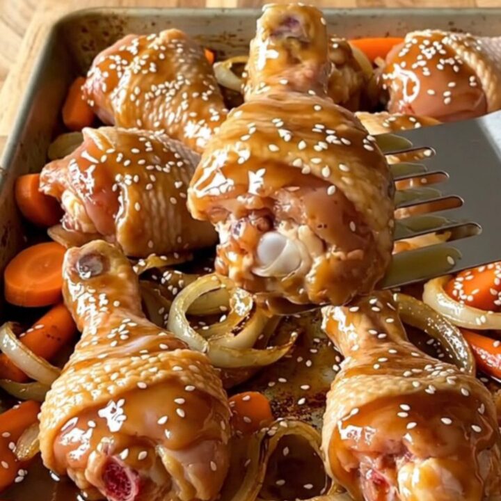 A sheet pan filled with golden brown chicken drumsticks, roasted carrots, and onions, drizzled with a rich amber glaze.