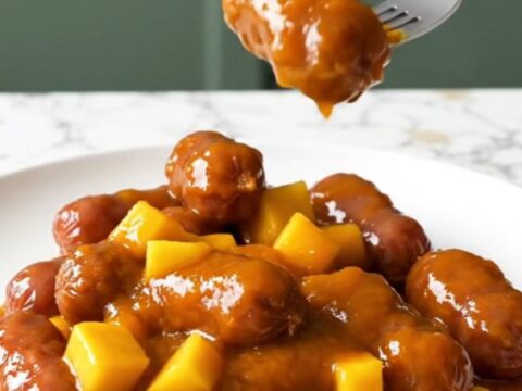 A close-up of mini smoked sausages coated in a glossy orange mango habanero glaze on a white plate.