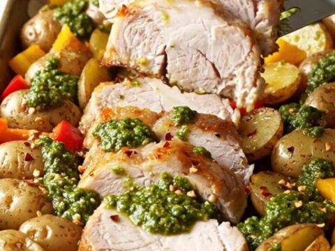 A sheet pan filled with roasted pork tenderloin slices, baby potatoes, and red bell peppers topped with green chimichurri.