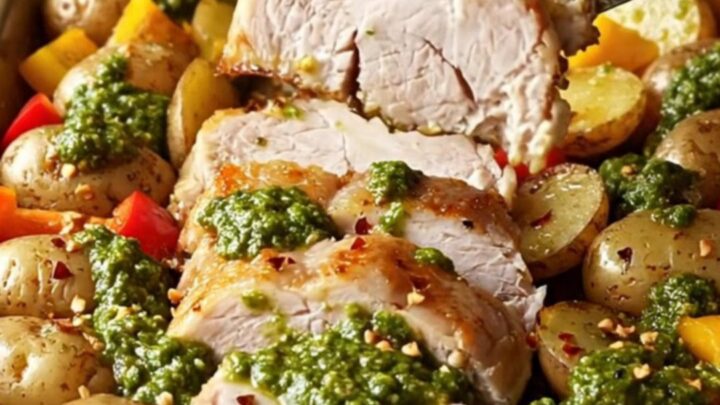 A sheet pan filled with roasted pork tenderloin slices, baby potatoes, and red bell peppers topped with green chimichurri.