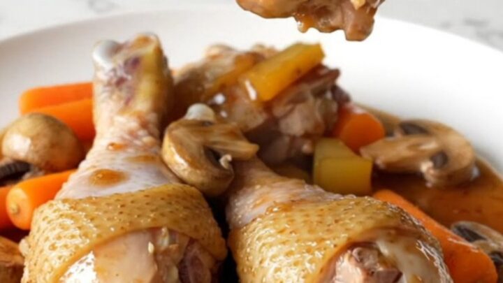 A plate of tender chicken drumsticks with mushrooms and carrots in a rich red wine sauce.
