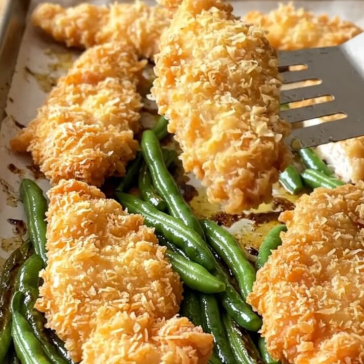 Crispy golden chicken schnitzel tenders and blistered green beans on a parchment-lined sheet pan.