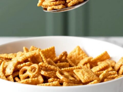 A large bowl filled with a crunchy mix of cereal, pretzels, and cheese crackers coated in a zesty buffalo sauce.