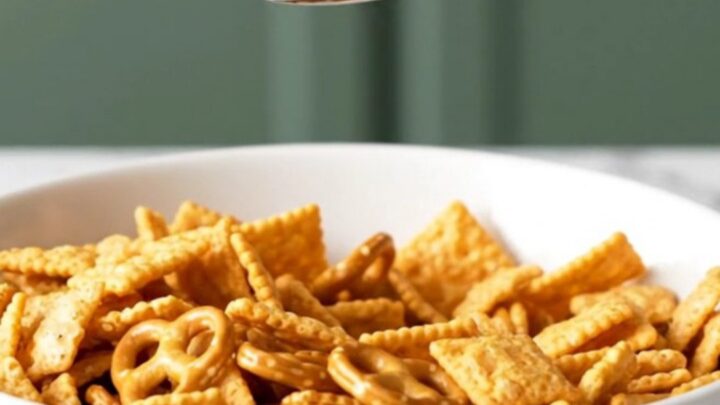A large bowl filled with a crunchy mix of cereal, pretzels, and cheese crackers coated in a zesty buffalo sauce.