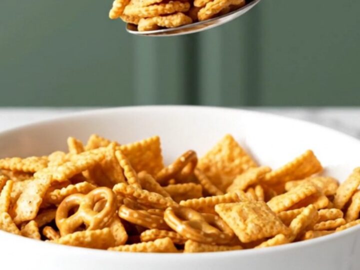 A large bowl filled with a crunchy mix of cereal, pretzels, and cheese crackers coated in a zesty buffalo sauce.