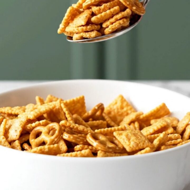 A large bowl filled with a crunchy mix of cereal, pretzels, and cheese crackers coated in a zesty buffalo sauce.