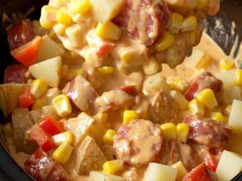 A close-up of the slow cooker filled with creamy andouille sausage, corn, peppers, and tender potato cubes.