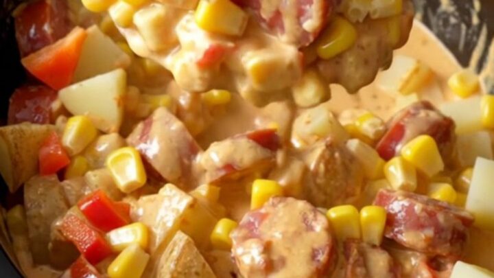 A close-up of the slow cooker filled with creamy andouille sausage, corn, peppers, and tender potato cubes.