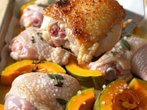 A sheet pan filled with golden-brown chicken thighs and slices of roasted acorn squash seasoned with sage.