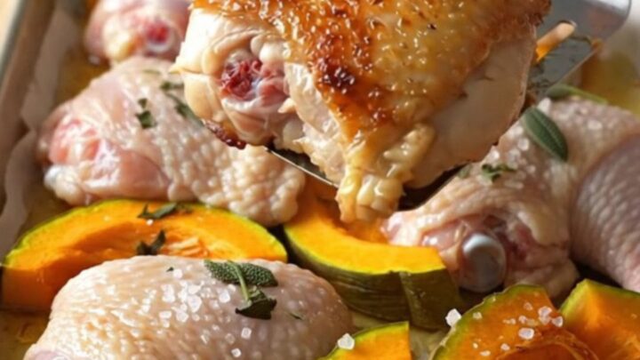A sheet pan filled with golden-brown chicken thighs and slices of roasted acorn squash seasoned with sage.