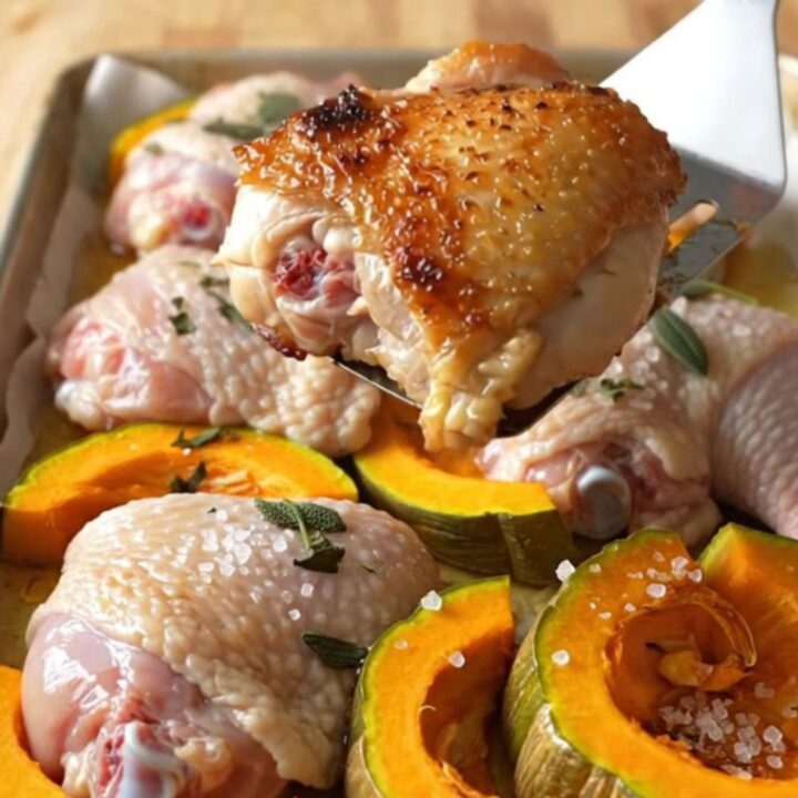 A sheet pan filled with golden-brown chicken thighs and slices of roasted acorn squash seasoned with sage.
