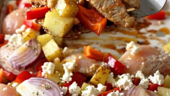 A sheet pan filled with golden-brown chicken breast chunks, roasted potatoes, bell peppers, and melted feta cheese.