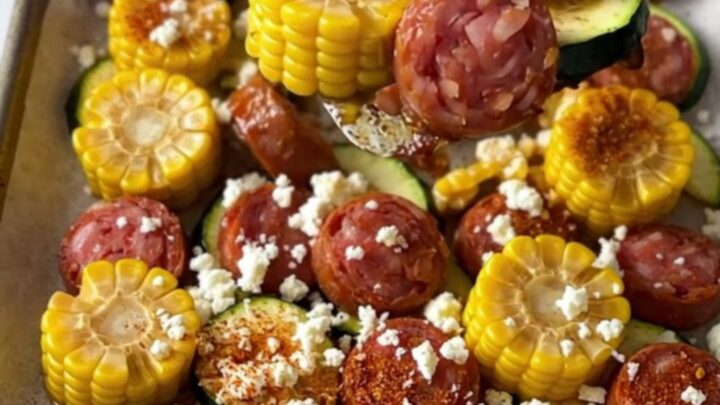 A sheet pan filled with golden-brown smoked sausage, bright green zucchini slices, and vibrant yellow corn wheels.