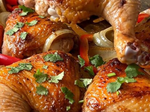 A sheet pan filled with golden-brown roasted chicken thighs, red pepper strips, and white onion wedges.