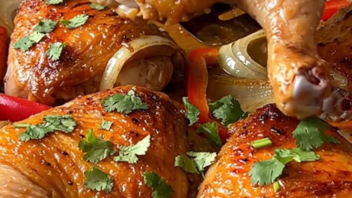 A sheet pan filled with golden-brown roasted chicken thighs, red pepper strips, and white onion wedges.