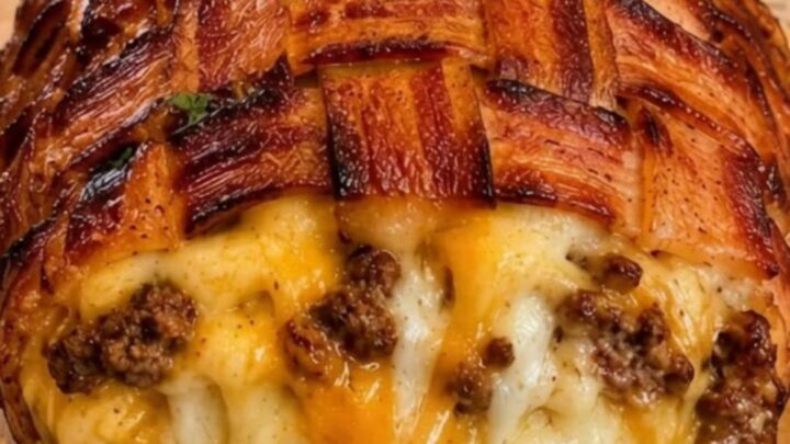 A perfectly baked, bacon-wrapped meatloaf sitting on a wooden board, showing a golden-brown crispy weave.