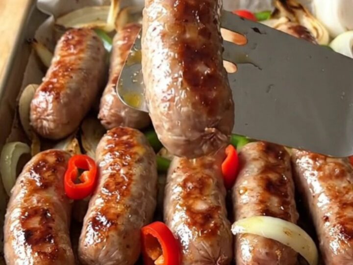 A sheet pan filled with golden-brown Italian sausage links, colorful green bell pepper strips, and tender onion wedges.
