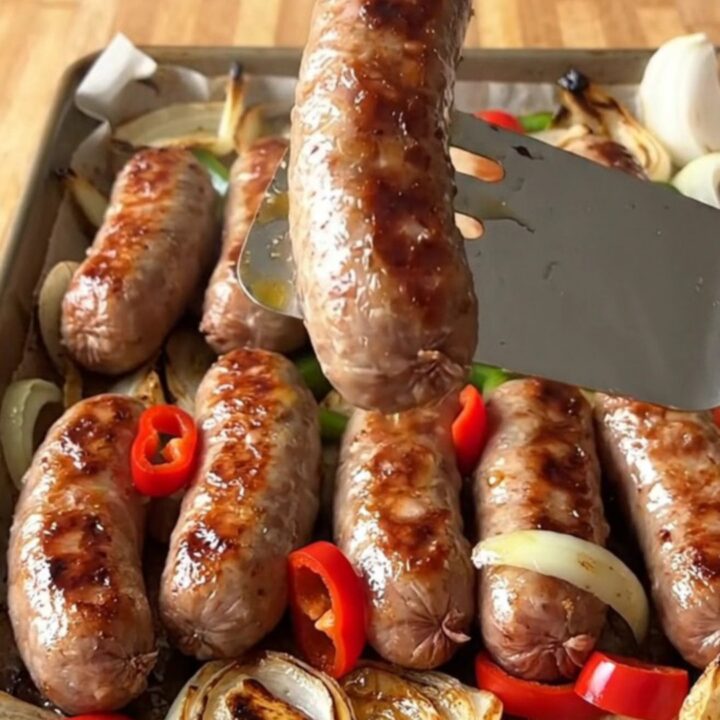 A sheet pan filled with golden-brown Italian sausage links, colorful green bell pepper strips, and tender onion wedges.