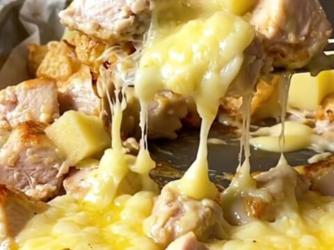 A sheet pan filled with golden roasted potatoes, tender chicken breast chunks, and melted cheese curds.