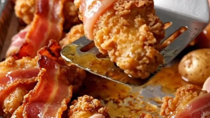 A sheet pan filled with bacon-wrapped chicken tenders and golden roasted baby potatoes drizzled with maple syrup.