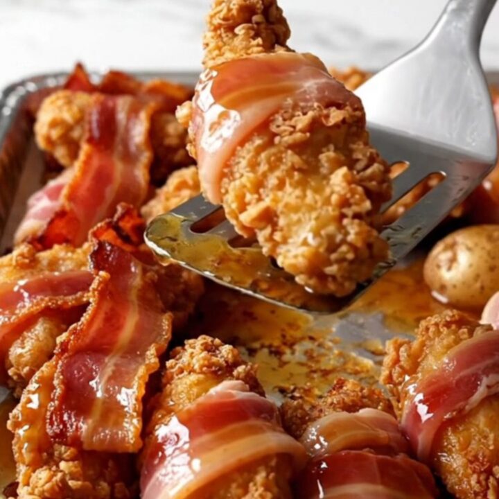 A sheet pan filled with bacon-wrapped chicken tenders and golden roasted baby potatoes drizzled with maple syrup.