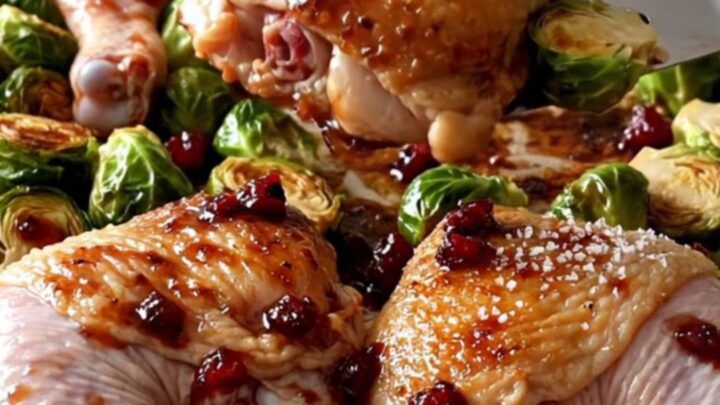 A sheet pan filled with golden roasted chicken thighs, halved Brussels sprouts