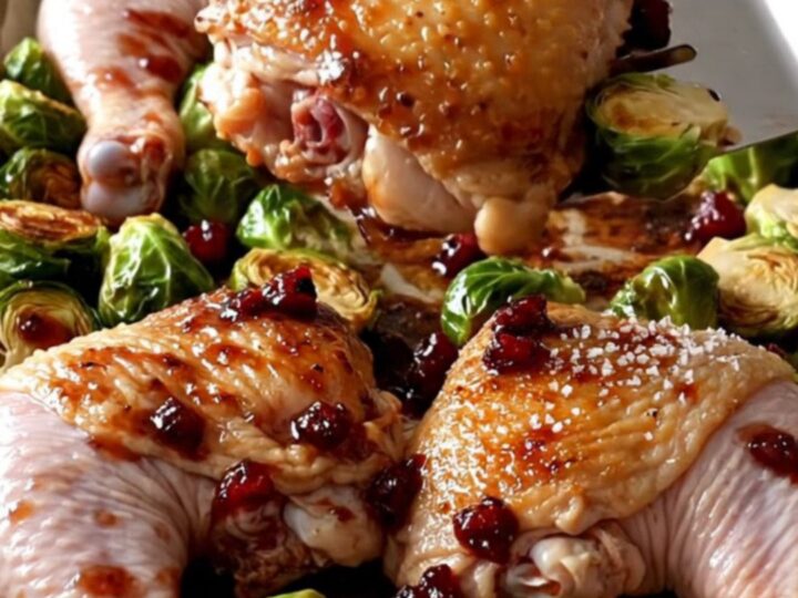 A sheet pan filled with golden roasted chicken thighs, halved Brussels sprouts