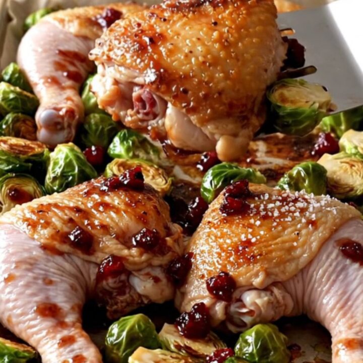 A sheet pan filled with golden roasted chicken thighs, halved Brussels sprouts