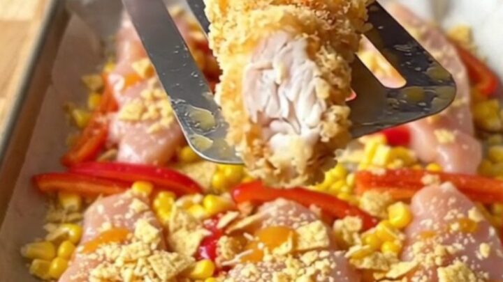 A sheet pan filled with golden, crispy tortilla-crusted chicken tenders, roasted corn, and red pepper strips.