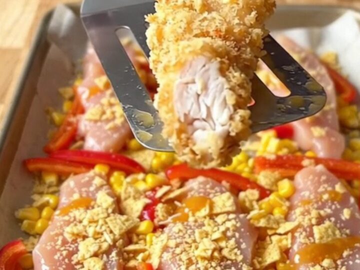 A sheet pan filled with golden, crispy tortilla-crusted chicken tenders, roasted corn, and red pepper strips.