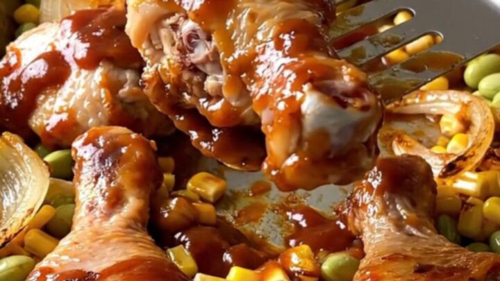 A sheet pan filled with golden-brown chicken drumsticks, roasted corn kernels, butter beans