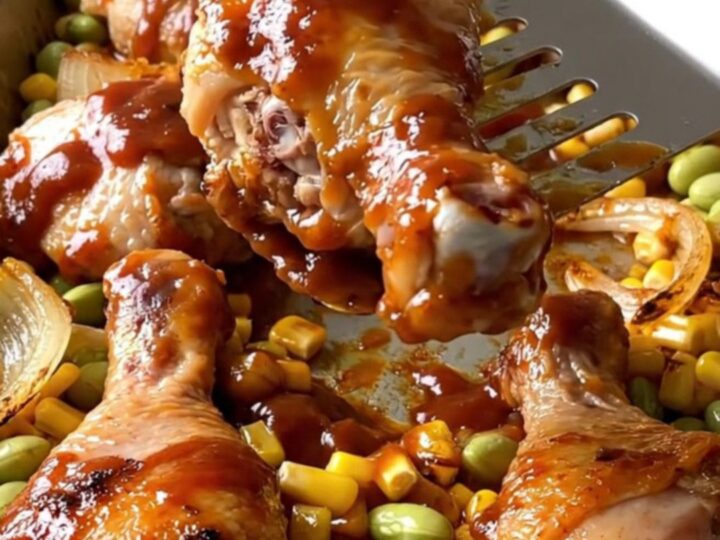 A sheet pan filled with golden-brown chicken drumsticks, roasted corn kernels, butter beans