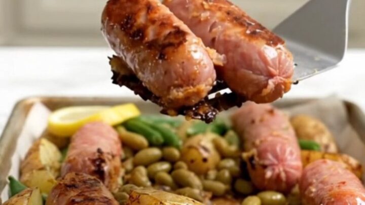 Parchment-lined sheet pan filled with roasted Italian sausages, golden baby potatoes, green beans, and lemon slices.