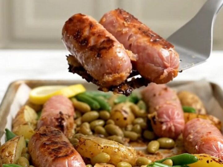 Parchment-lined sheet pan filled with roasted Italian sausages, golden baby potatoes, green beans, and lemon slices.