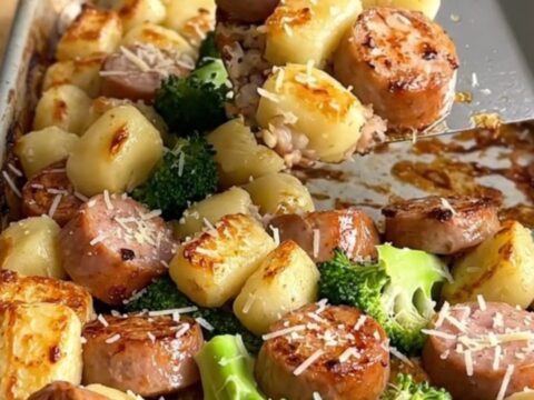 A sheet pan filled with golden roasted gnocchi, sliced chicken sausage, and bright green broccoli florets.