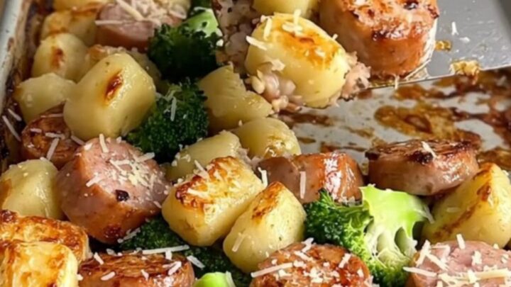 A sheet pan filled with golden roasted gnocchi, sliced chicken sausage, and bright green broccoli florets.