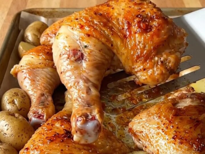 A sheet pan filled with golden-brown roasted chicken leg quarters, halved baby potatoes, and carrot chunks.
