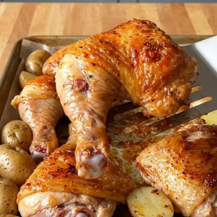 A sheet pan filled with golden-brown roasted chicken leg quarters, halved baby potatoes, and carrot chunks.