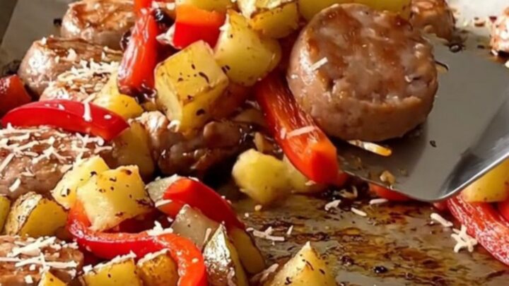 A sheet pan filled with golden roasted potatoes, sliced chicken sausage, and colorful bell peppers.