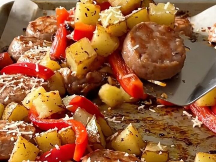A sheet pan filled with golden roasted potatoes, sliced chicken sausage, and colorful bell peppers.