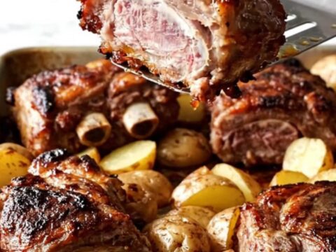A sheet pan filled with golden roasted baby potatoes, onion wedges, and smoky paprika-rubbed country-style pork ribs.
