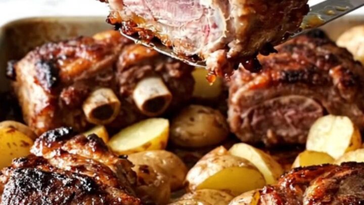 A sheet pan filled with golden roasted baby potatoes, onion wedges, and smoky paprika-rubbed country-style pork ribs.