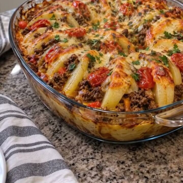 A golden-brown potato and ground beef casserole in an oval glass dish, showing melted cheese.