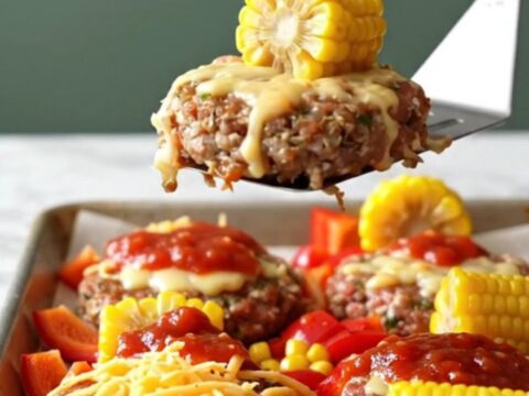 A sheet pan filled with golden-brown turkey patties topped with melted orange cheese and salsa