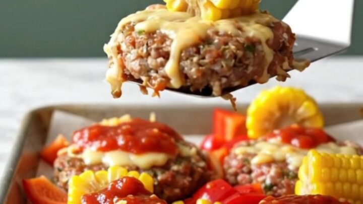 A sheet pan filled with golden-brown turkey patties topped with melted orange cheese and salsa