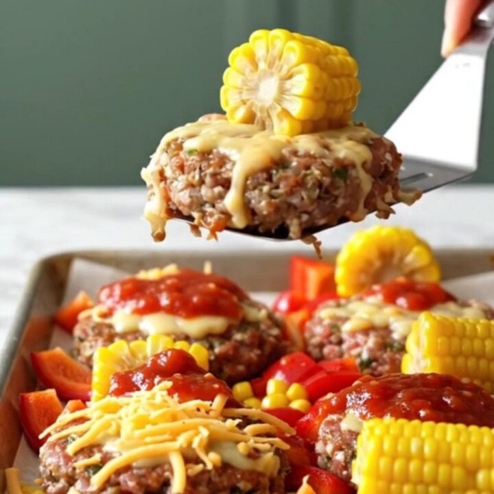A sheet pan filled with golden-brown turkey patties topped with melted orange cheese and salsa
