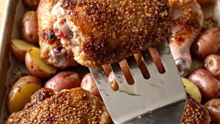 A sheet pan filled with golden roasted potatoes and coffee-rubbed chicken thighs on a wooden countertop.