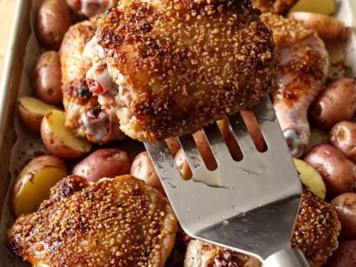 A sheet pan filled with golden roasted potatoes and coffee-rubbed chicken thighs on a wooden countertop.