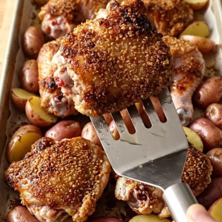 A sheet pan filled with golden roasted potatoes and coffee-rubbed chicken thighs on a wooden countertop.